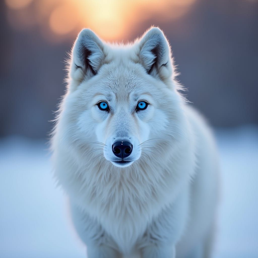 White Fox with Blue Eyes in Snowy Sunset