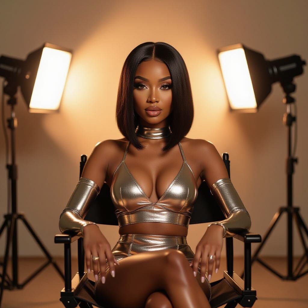 Black Female Music Artist in Metallic Outfit Under Studio Li...