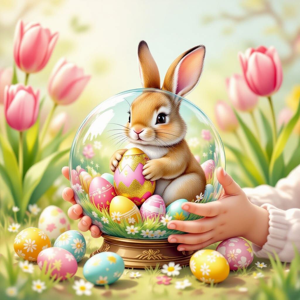 Easter Bunny in Glass Globe with Spring Flowers