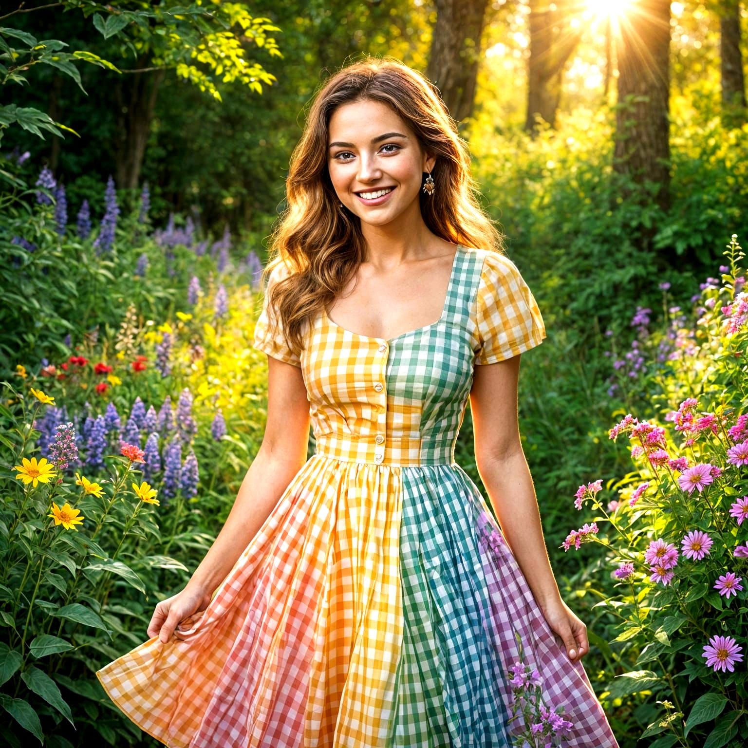 Radiant Young Woman in Whimsical Gingham Dress