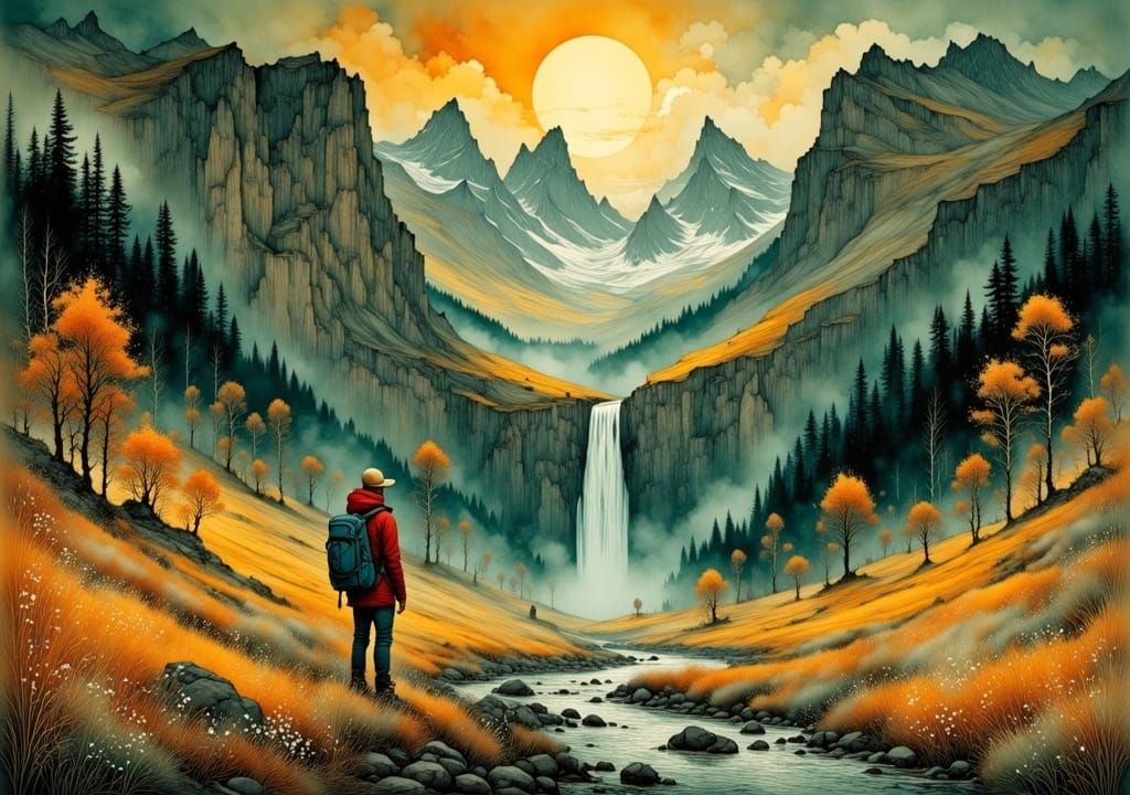 Mountain Landscape with Hiker in Painterly Style