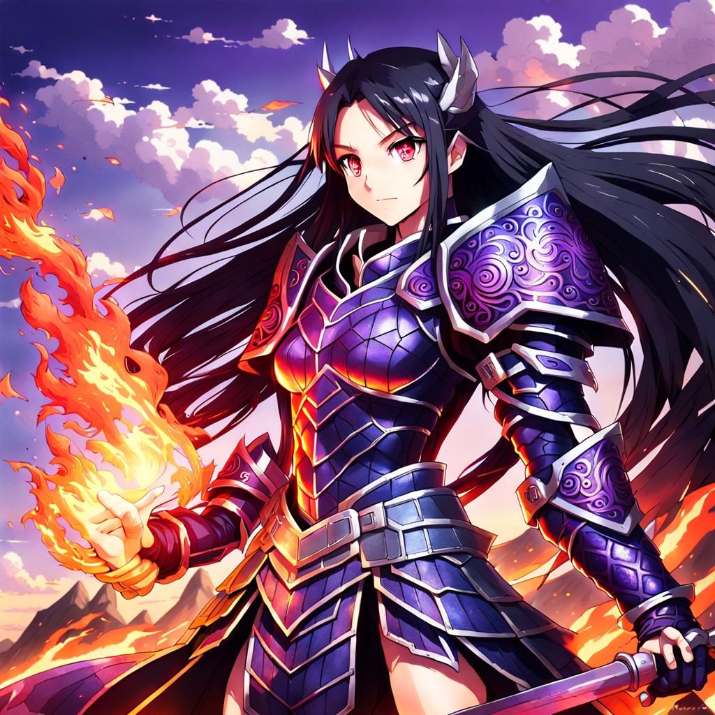 Anime-Style Female Warrior in Dragon Armor with Fire Daggers