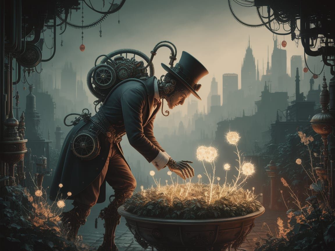 Victorian Automaton Tends Glowing Garden in Twilight City