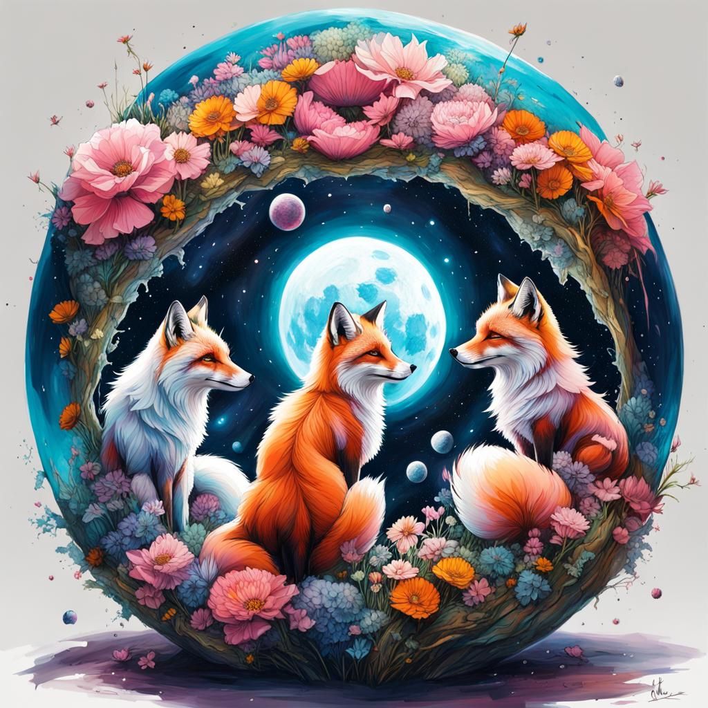 Foxes in Spacesuits Tend Lunar Flowers