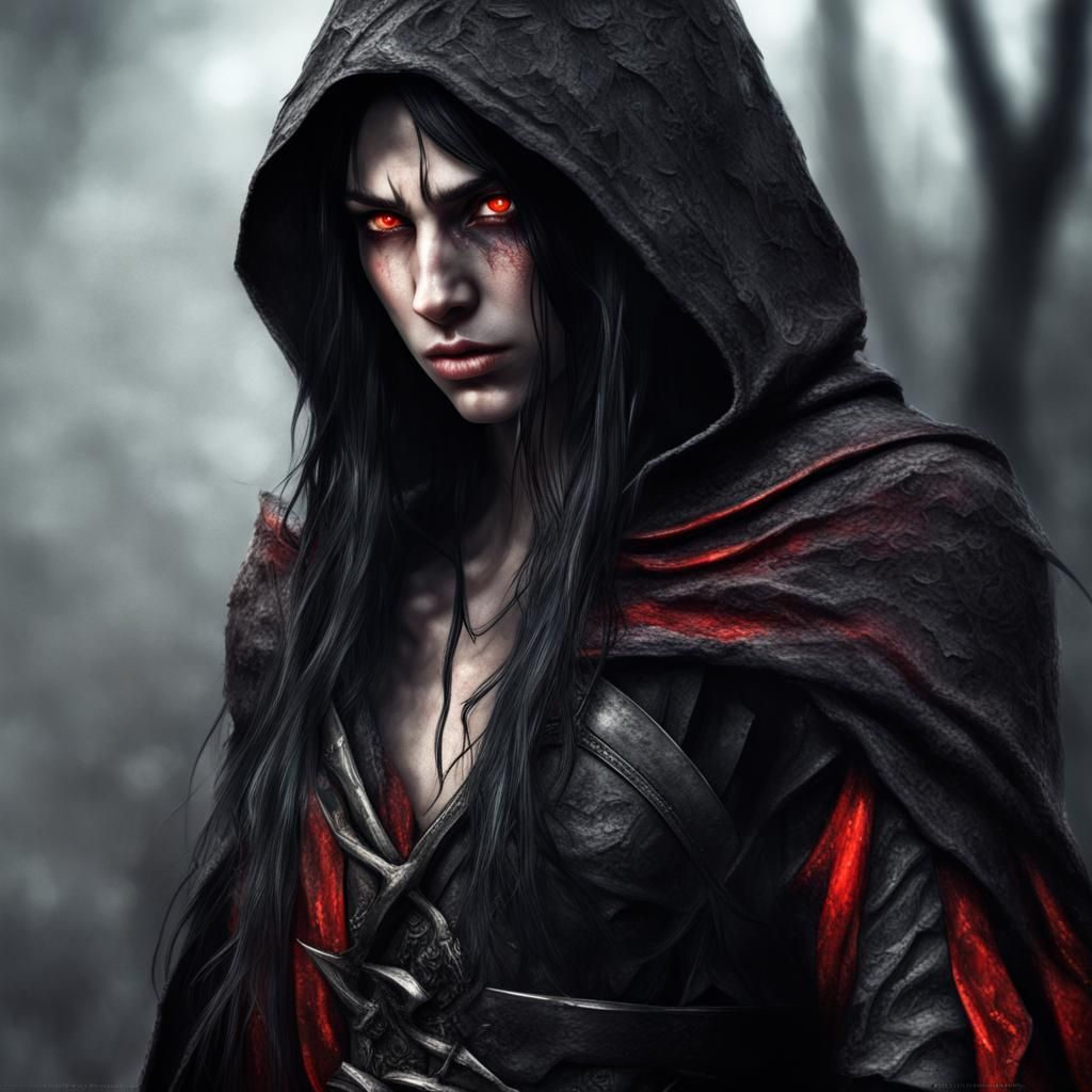 Hyperrealistic Elf Assassin with Red Eyes