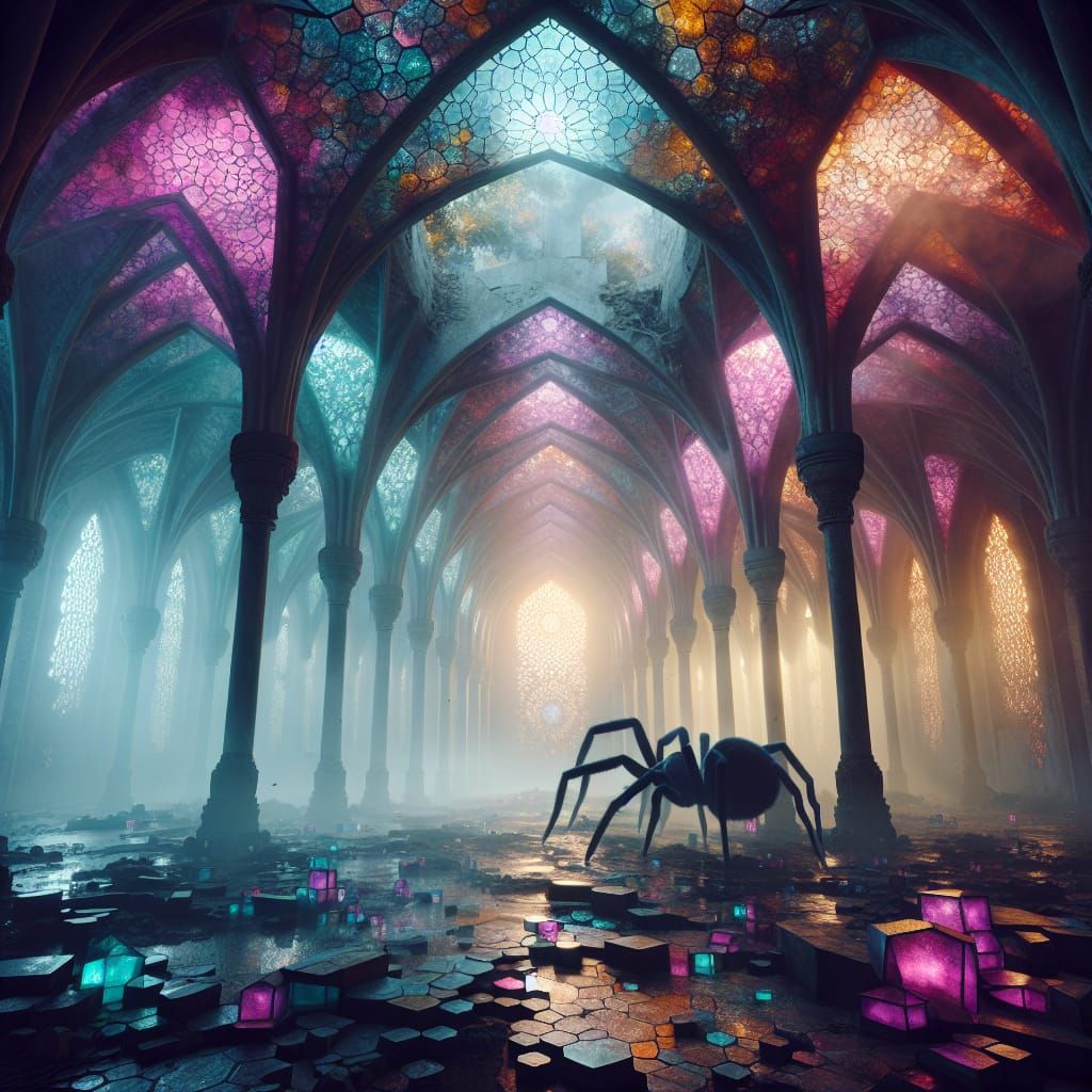 Within a crumbling sanctum of colorful marble stone and luminous arches, an enormous  close up of a blackish purple SPID...