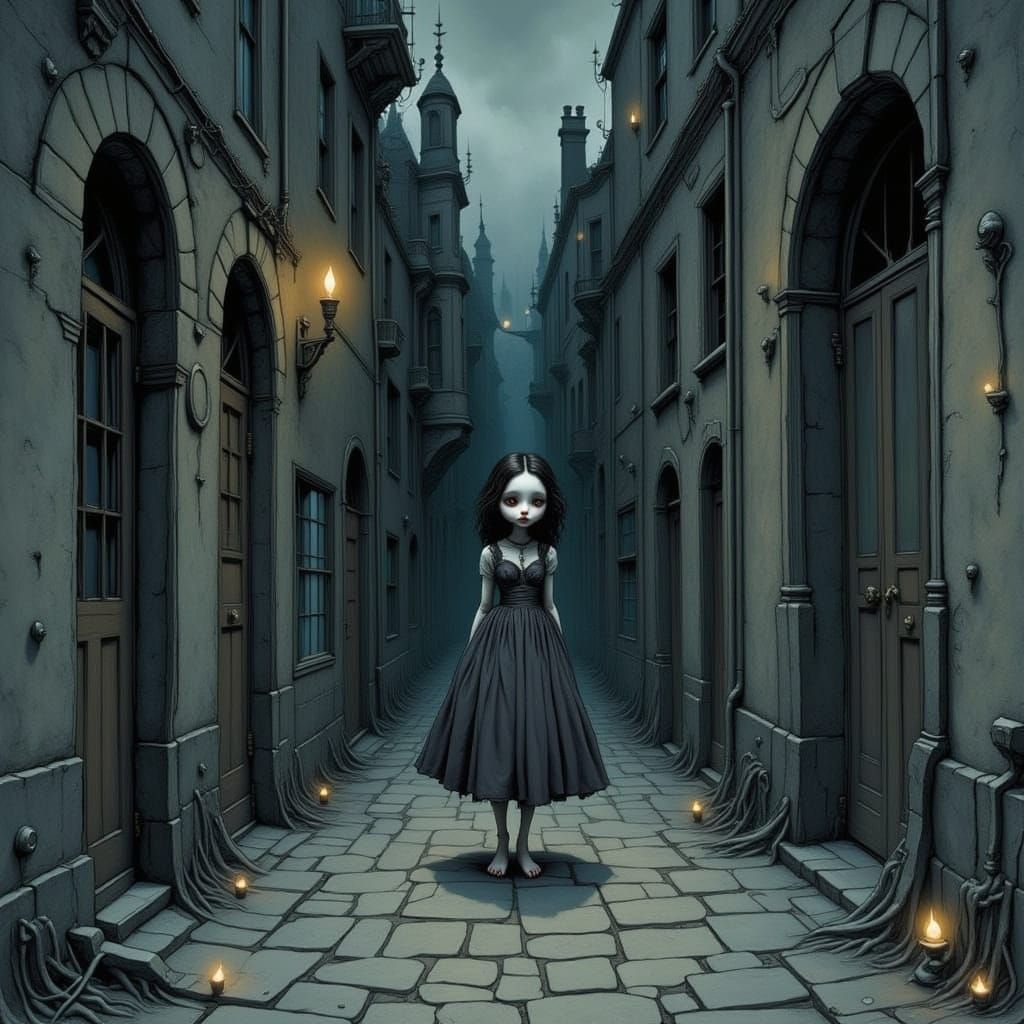 Porcelain Girl with Lace Lips in Shadowy Alley