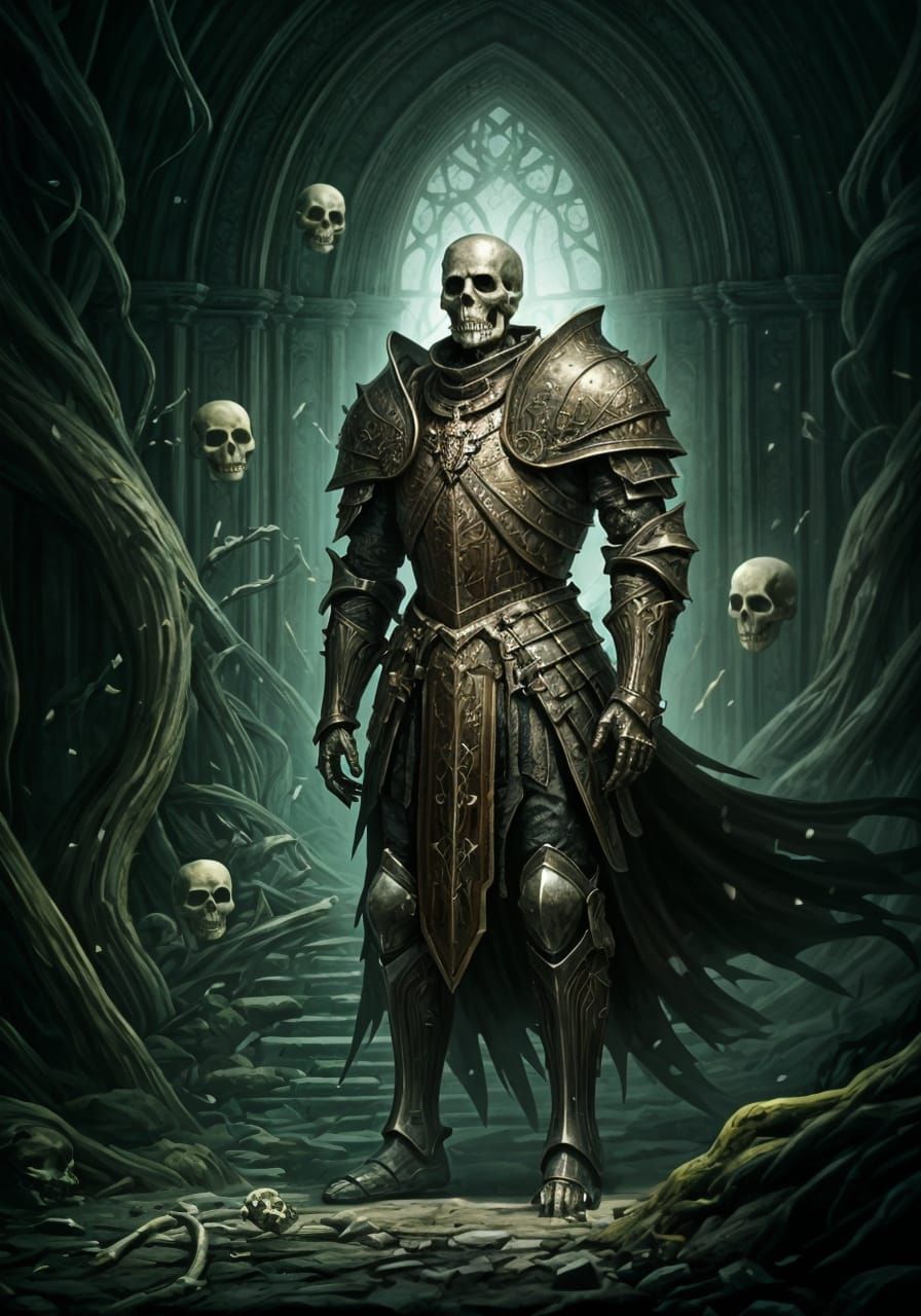 Ethereal Skeleton Knight in Whimsical Dark Fantasy Scene