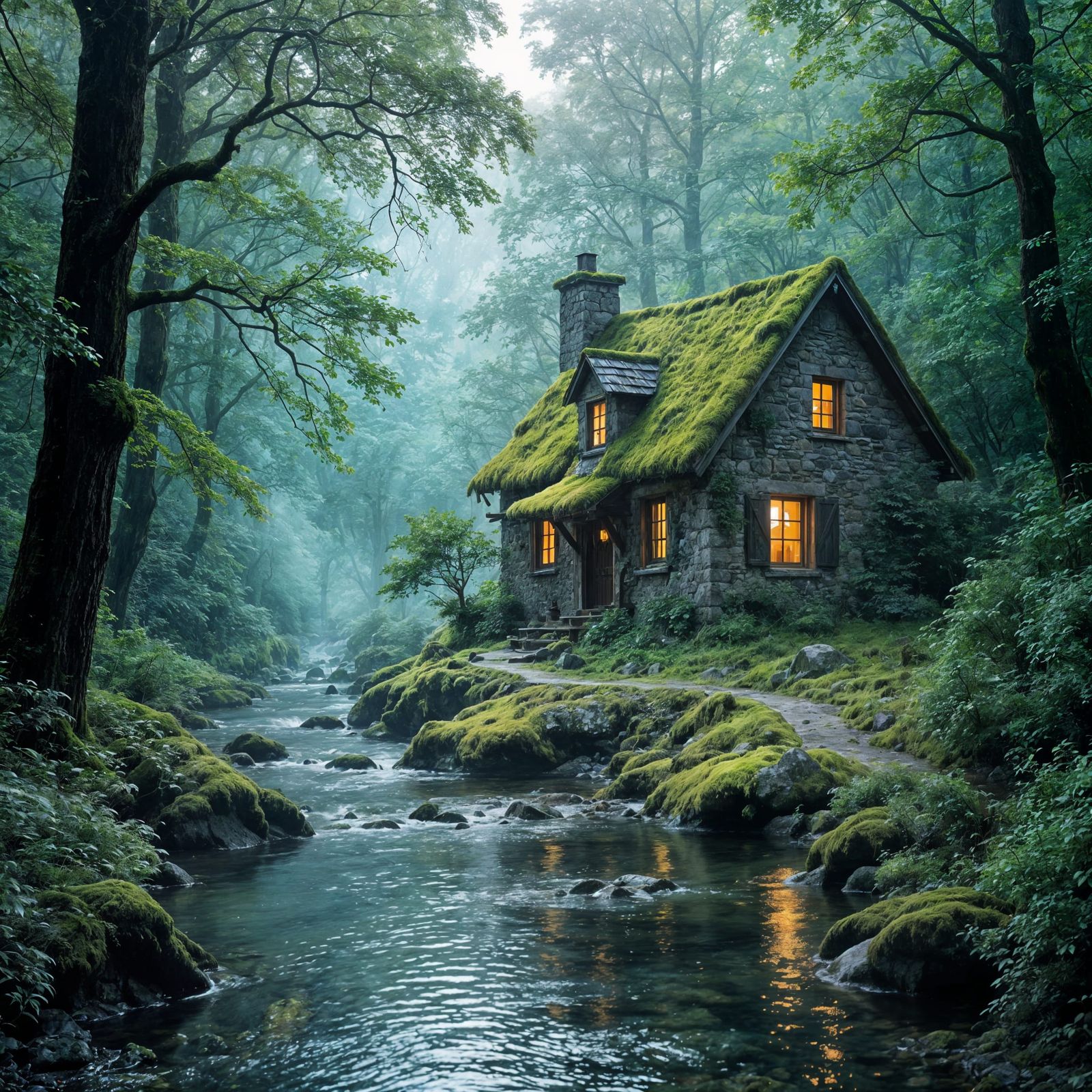 Mossy Stone Cottage by Stream at Twilight