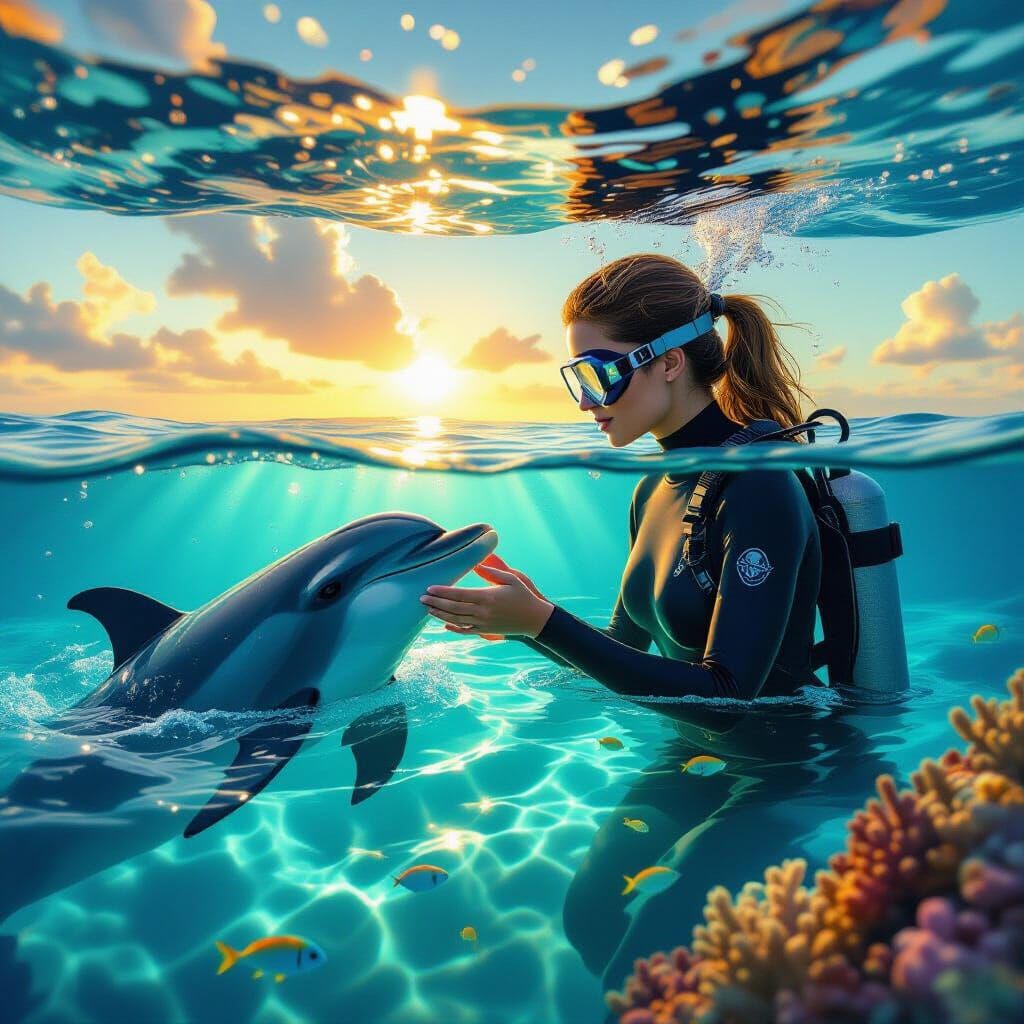 Diver and Dolphin Encounter in Tropical Paradise
