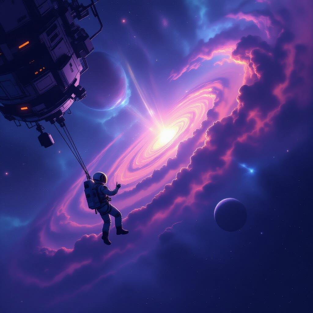 Astronaut Adrift Near Derelict Station in Swirling Nebula