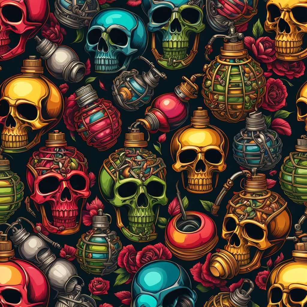 Intricate Skeleton Filled with Colorful Grenades
