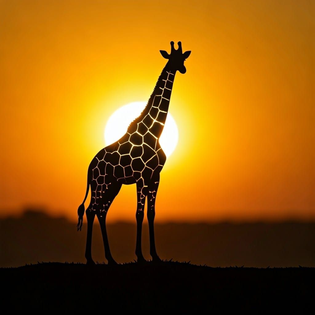 Golden Giraffe Silhouette in Sunset Panorama