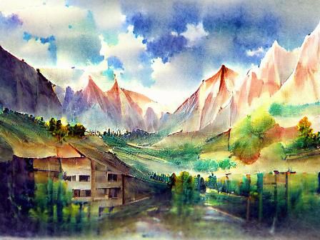 Mountain Valley in Watercolor Style