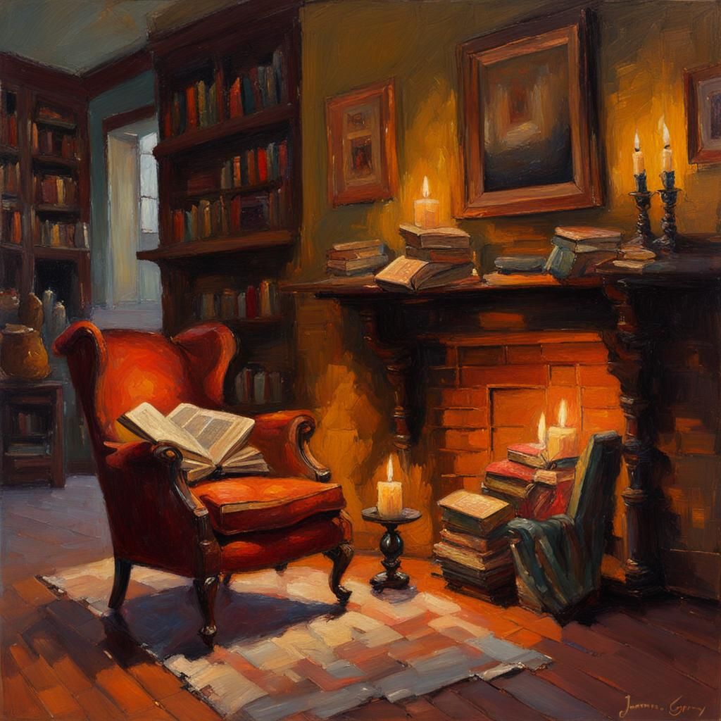 Cozy Fireplace Scene in Oil Painting Style