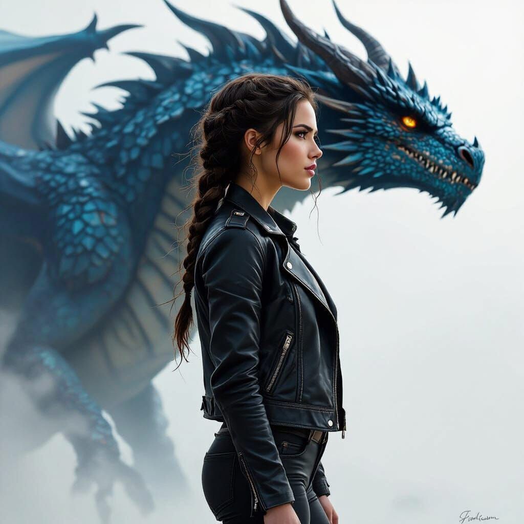 Woman and Dragon in Dark Realism Style