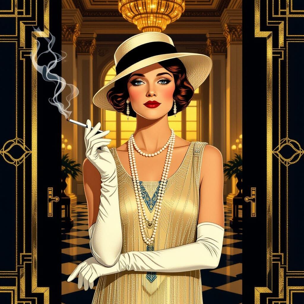 Great Gatsby Poster: Amy Irving as Daisy in Art Deco Style