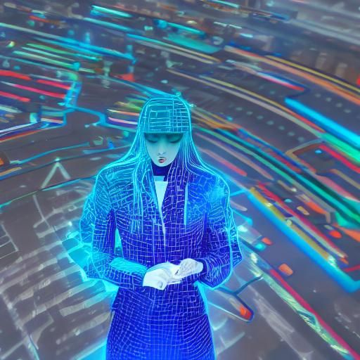 Holographic Girl in Cyberpunk Cityscape