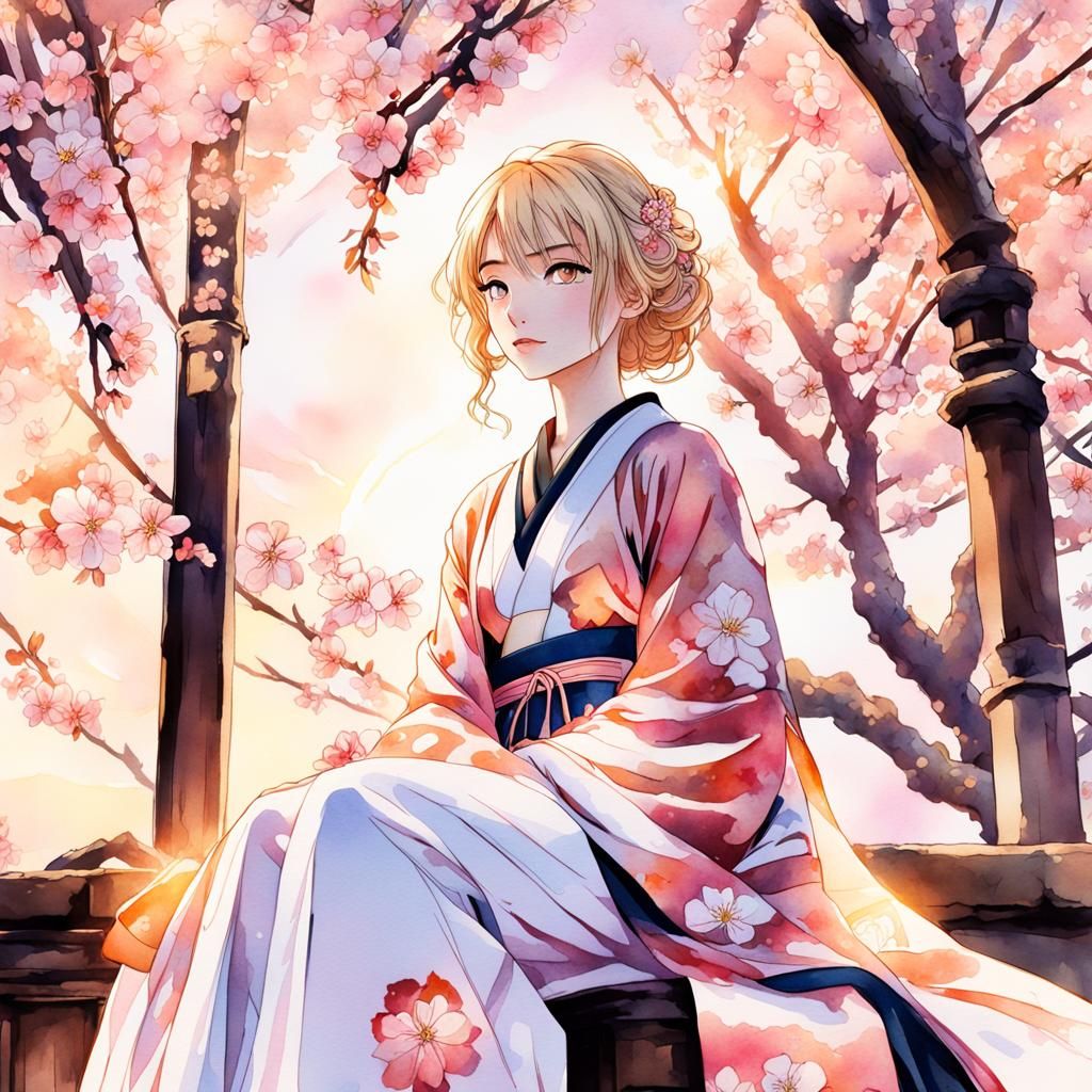 Sakura Kimono: Japanese Manga Watercolor Art