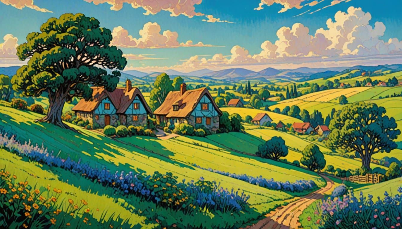 Idyllic Shire Villages Under a Bright Blue Sky