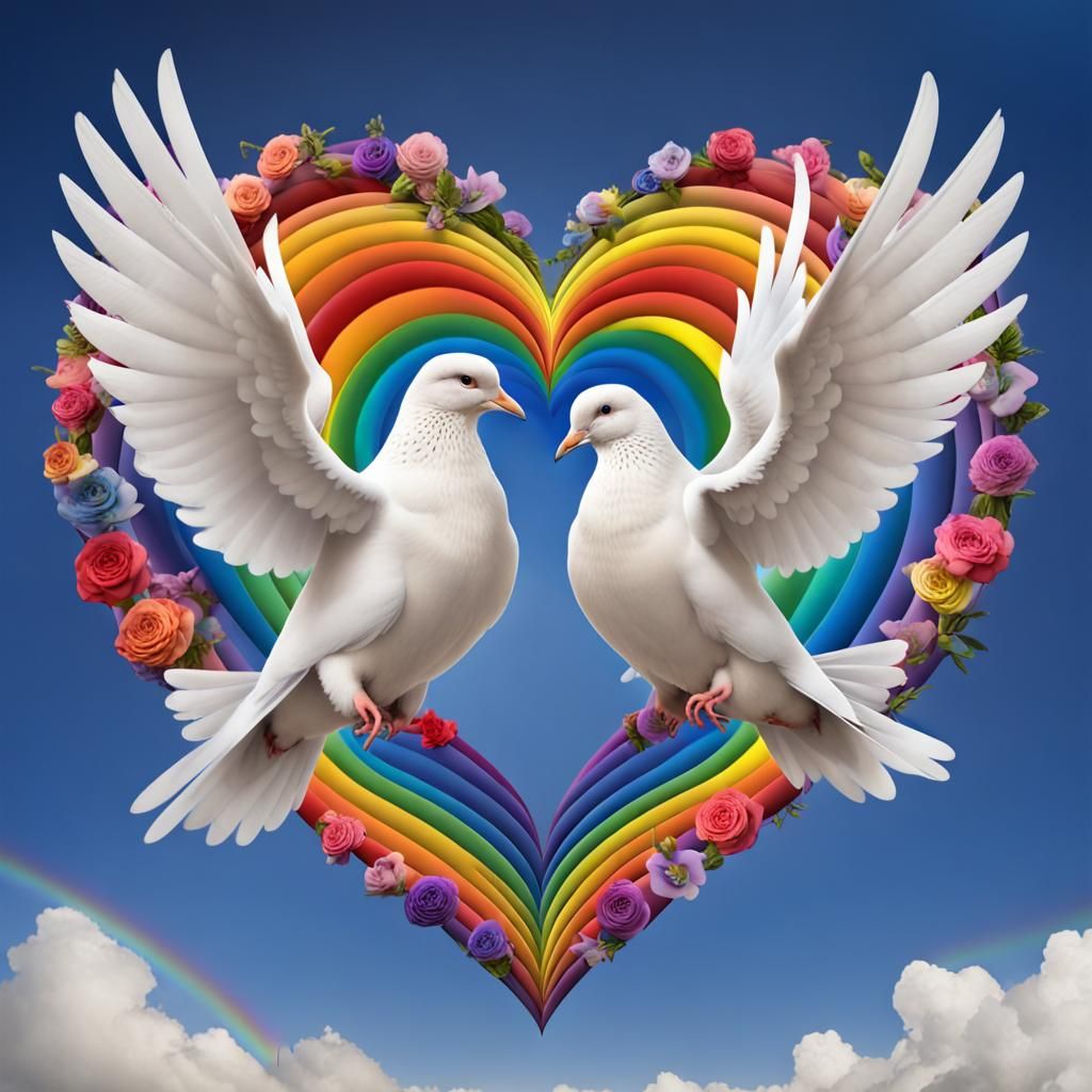 Rainbow Heart: White Doves Symbolize Peace