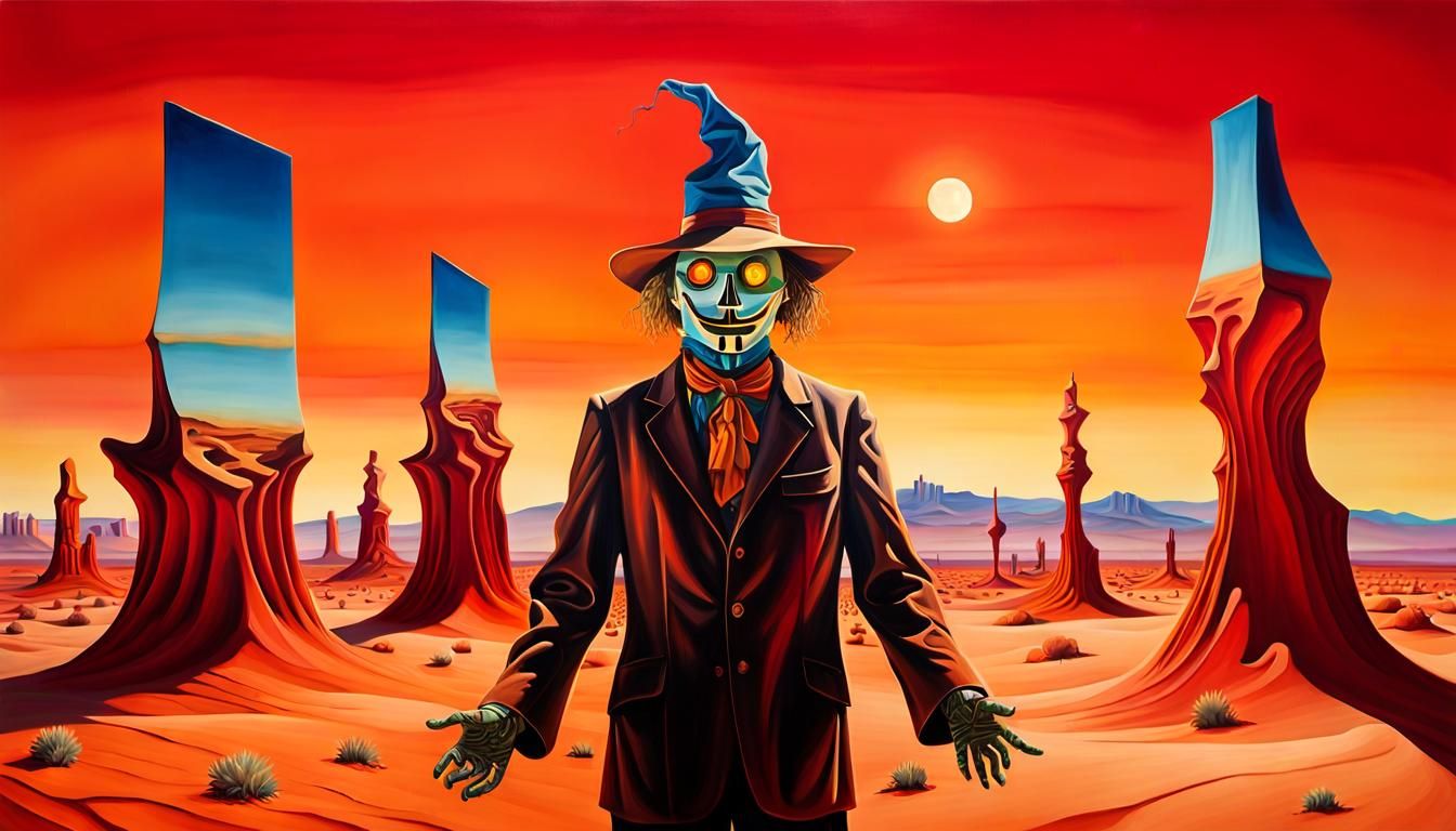 Surreal Scarecrow in Desert of Glass Towers