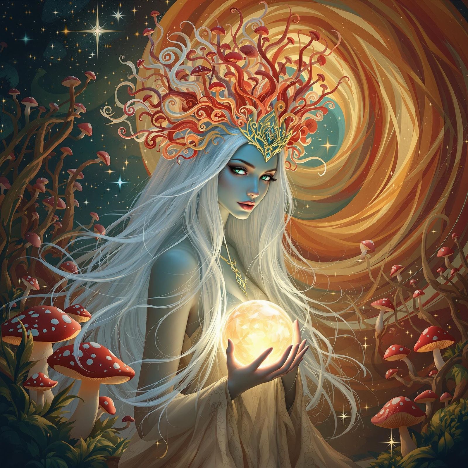 Ethereal Woman with Toadstool Crown in Dream Landscape
