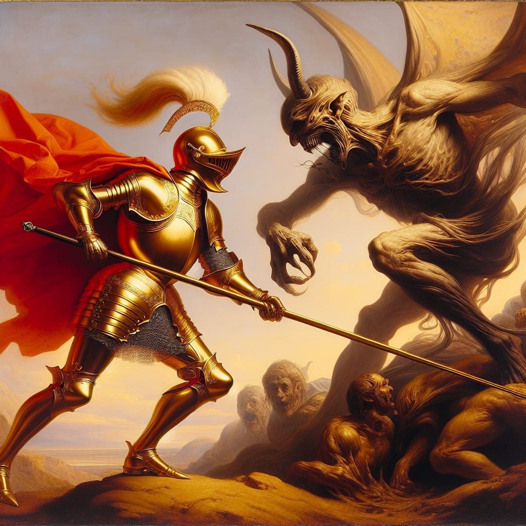 Knight in Golden Armor Slaying Demon, Realism Oil Painting