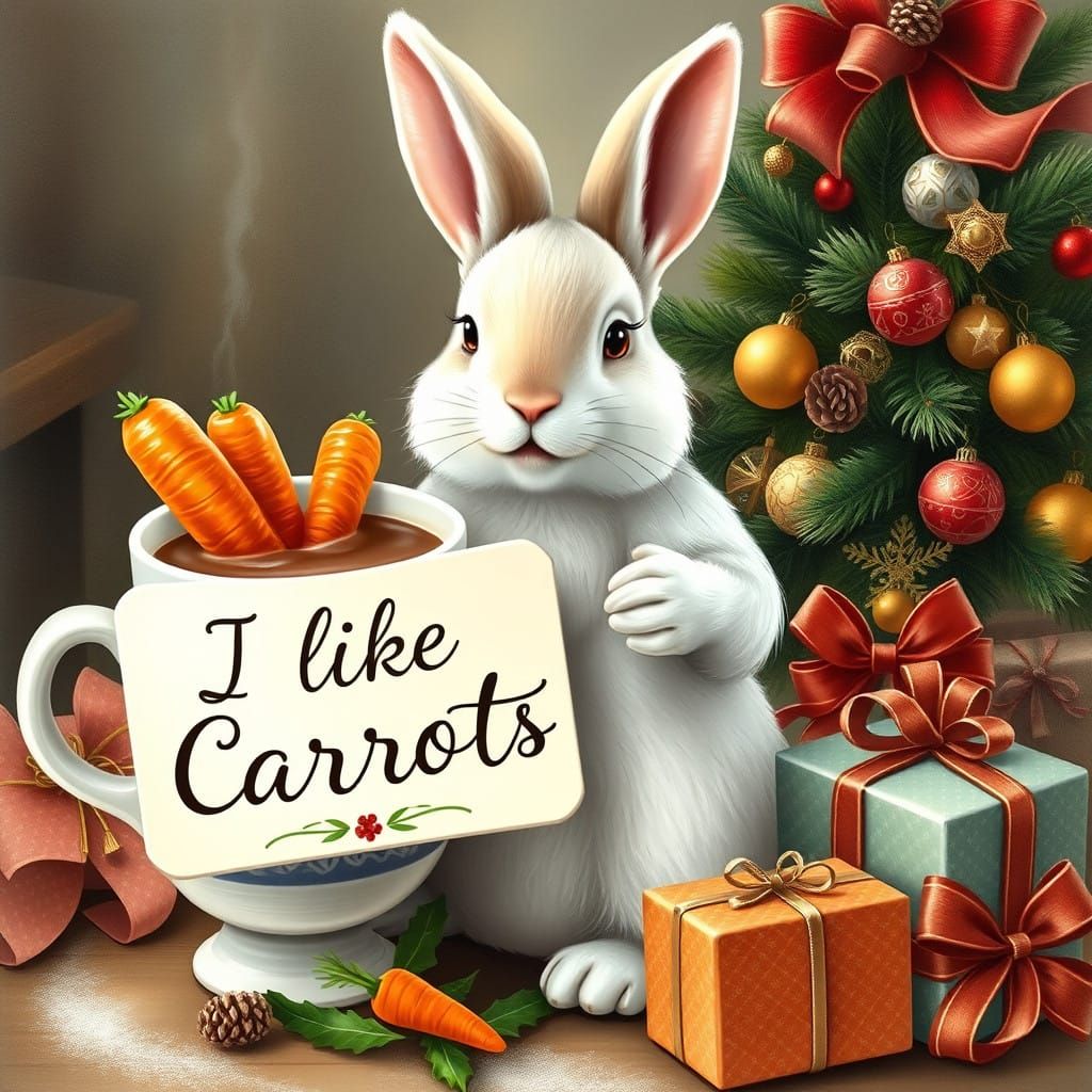 Cute Rabbit Admires Christmas Delights in Charming Winter Wo...