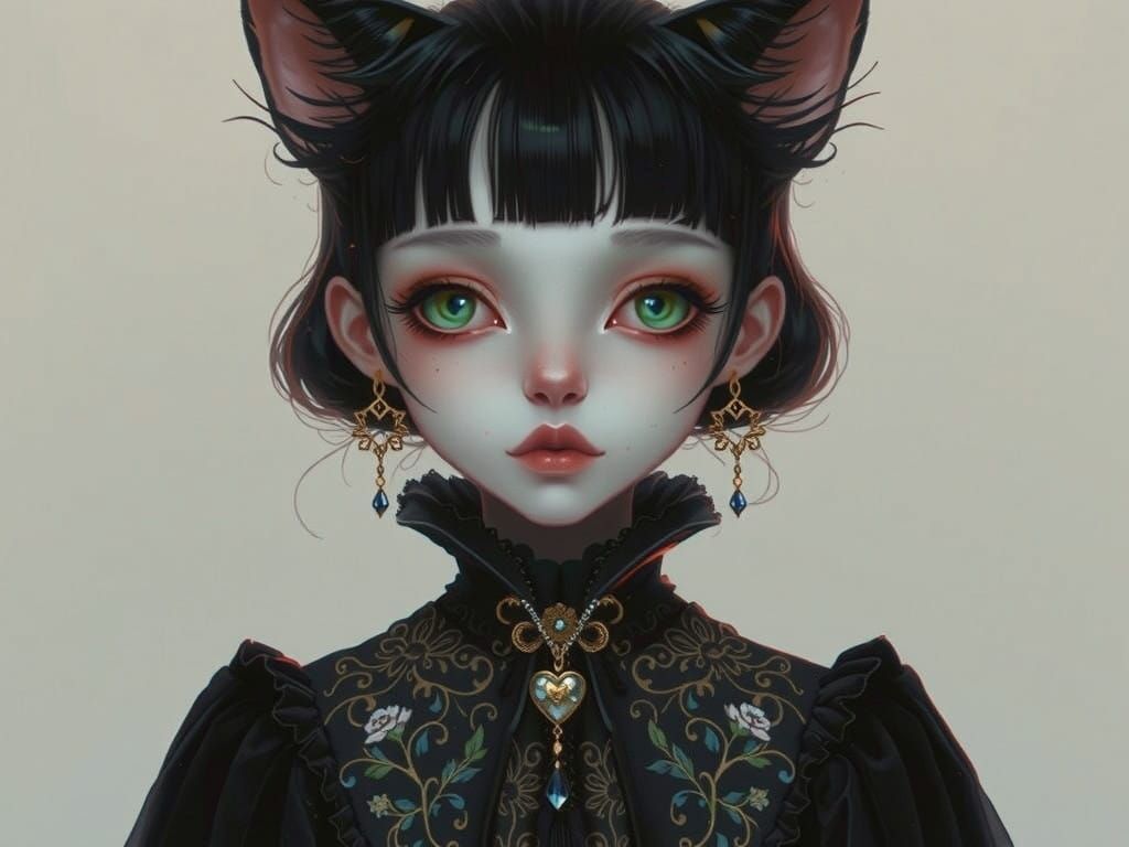 Enchanting Gothic-Style Cat Character with Golden Eyes