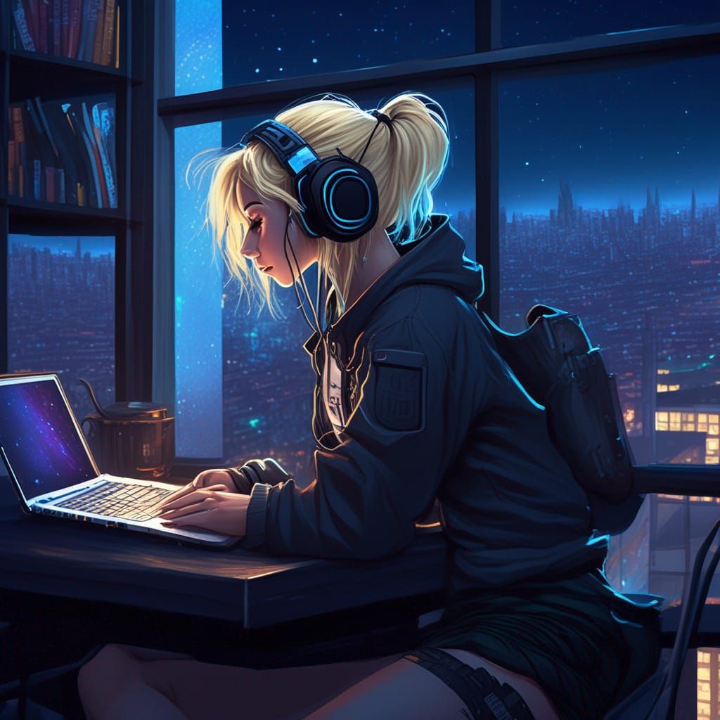 Cyberpunk Girl Studying at Night