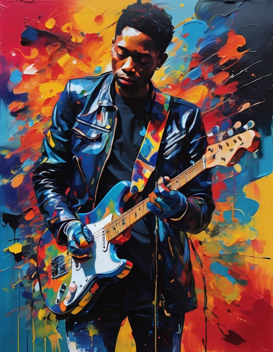 Electric Guitarist Silhouetted Against Vibrant Stage Lights