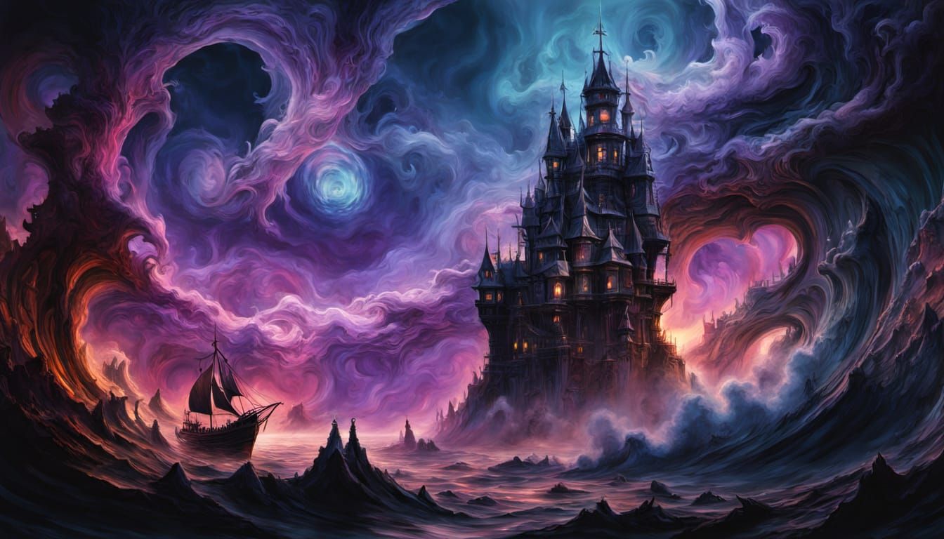 Surreal Castle with Sailing Ship in Dali Style