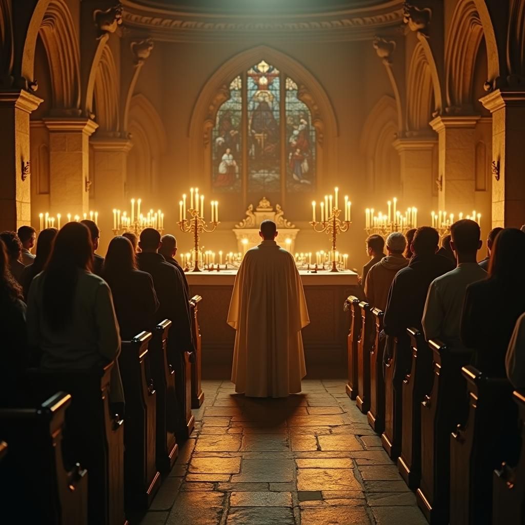 Candlelit Mass in Ancient Church, Inspired by Caravaggio