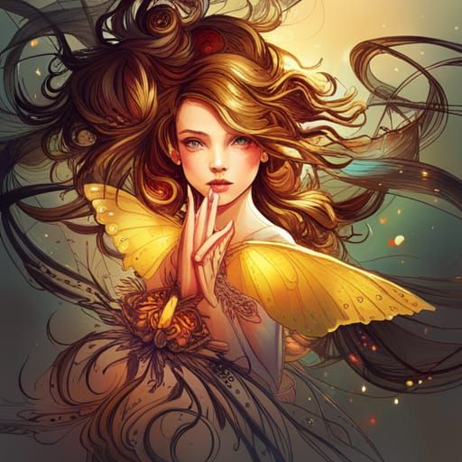 Luminous Butterfly with Golden Outlines Digital Art