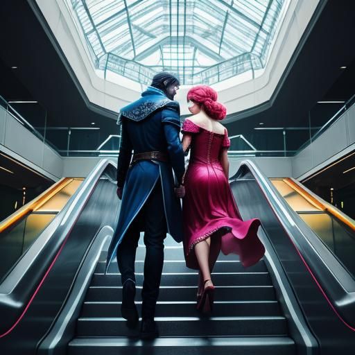 Couple Embracing in Shopping Mall: Fantasy Concept Art