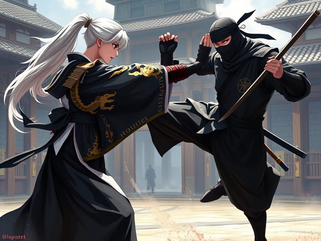 Samurai Strikes Ninja: Anime Fight Scene in Impressionist St...