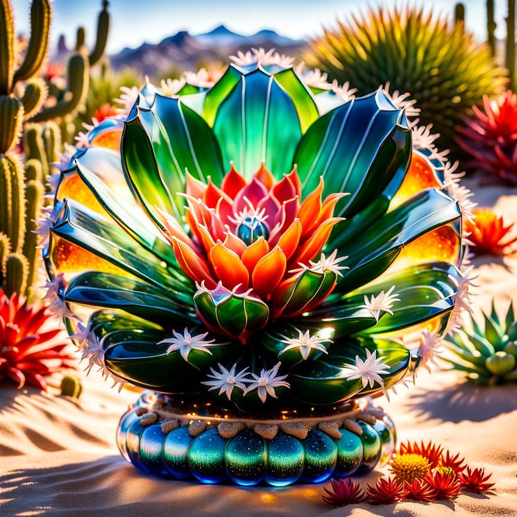 Glowing Glass Cactus Sculpture in Earth Art Style