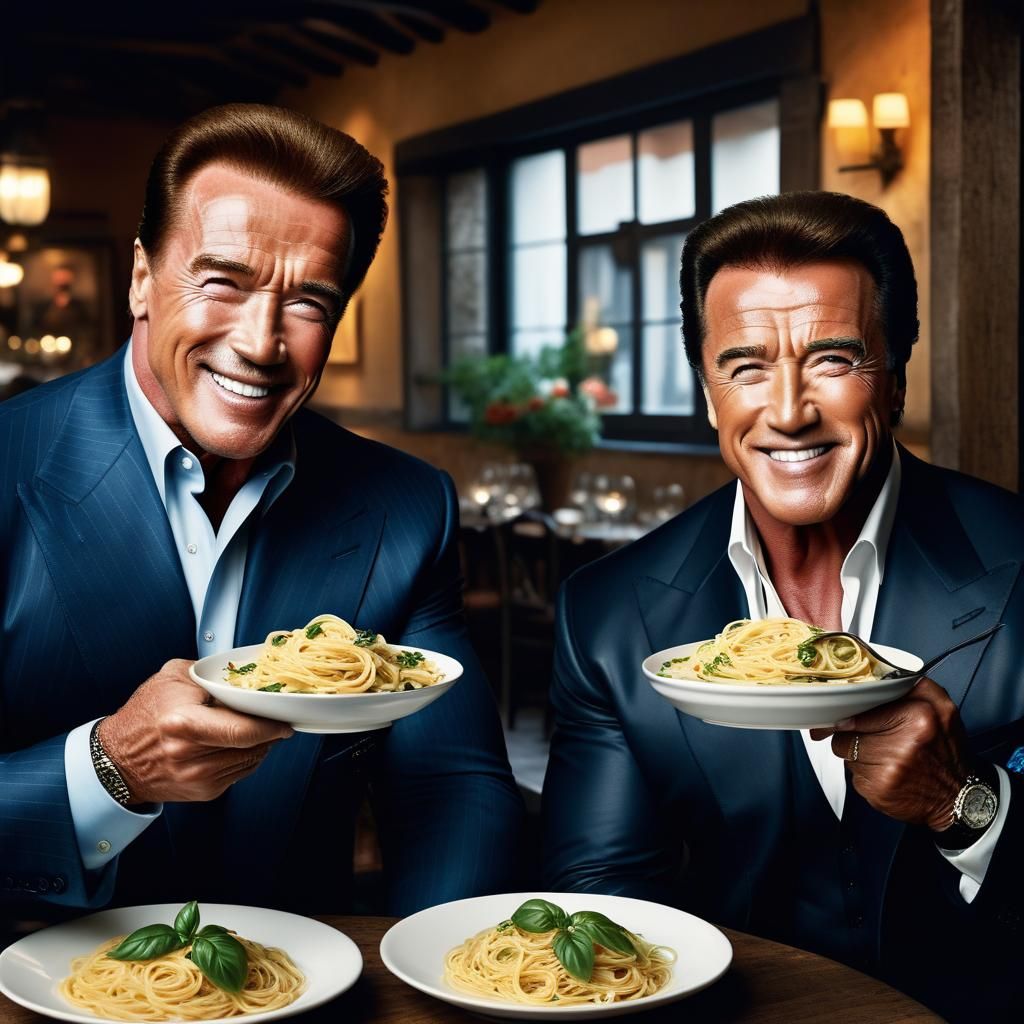 Schwarzenegger and Stallone Enjoying Pasta in Trattoria