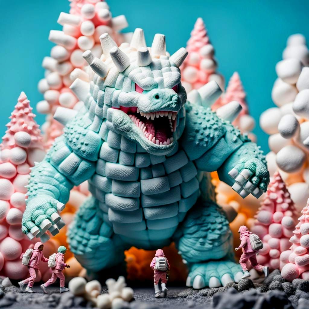 Marshmallow Godzilla Attacks in Macro Photography