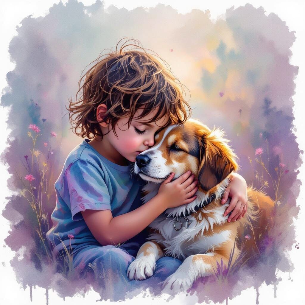 Child Comforted by Dog in Dreamy Watercolor Ink Art