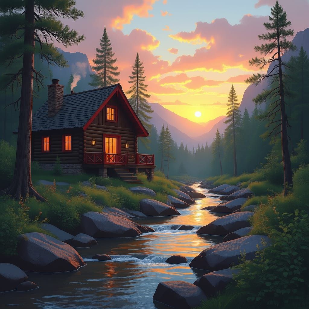 Log Cabin in Canyon at Sunrise