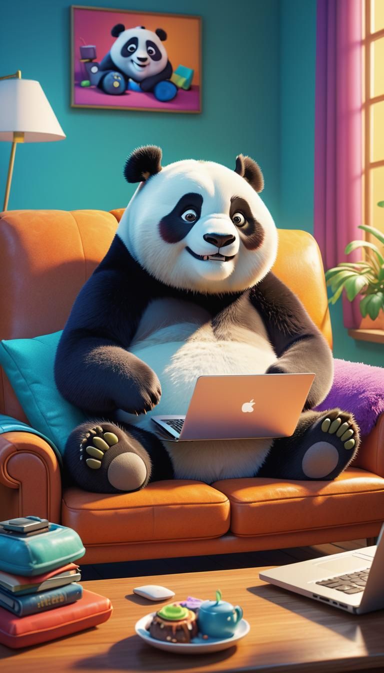 Fluffy Panda on Couch: 3D Digital Art