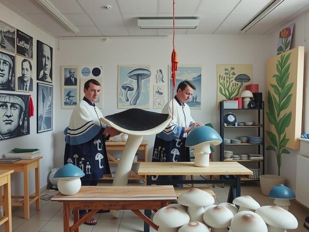 Linocut Mushroom Workers in Dreamlike Porcelain Style