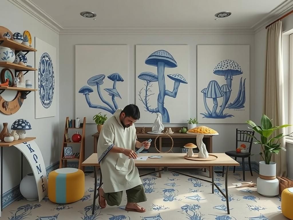 Porcelain Workers and Majestic Fungi in Surreal Linocut