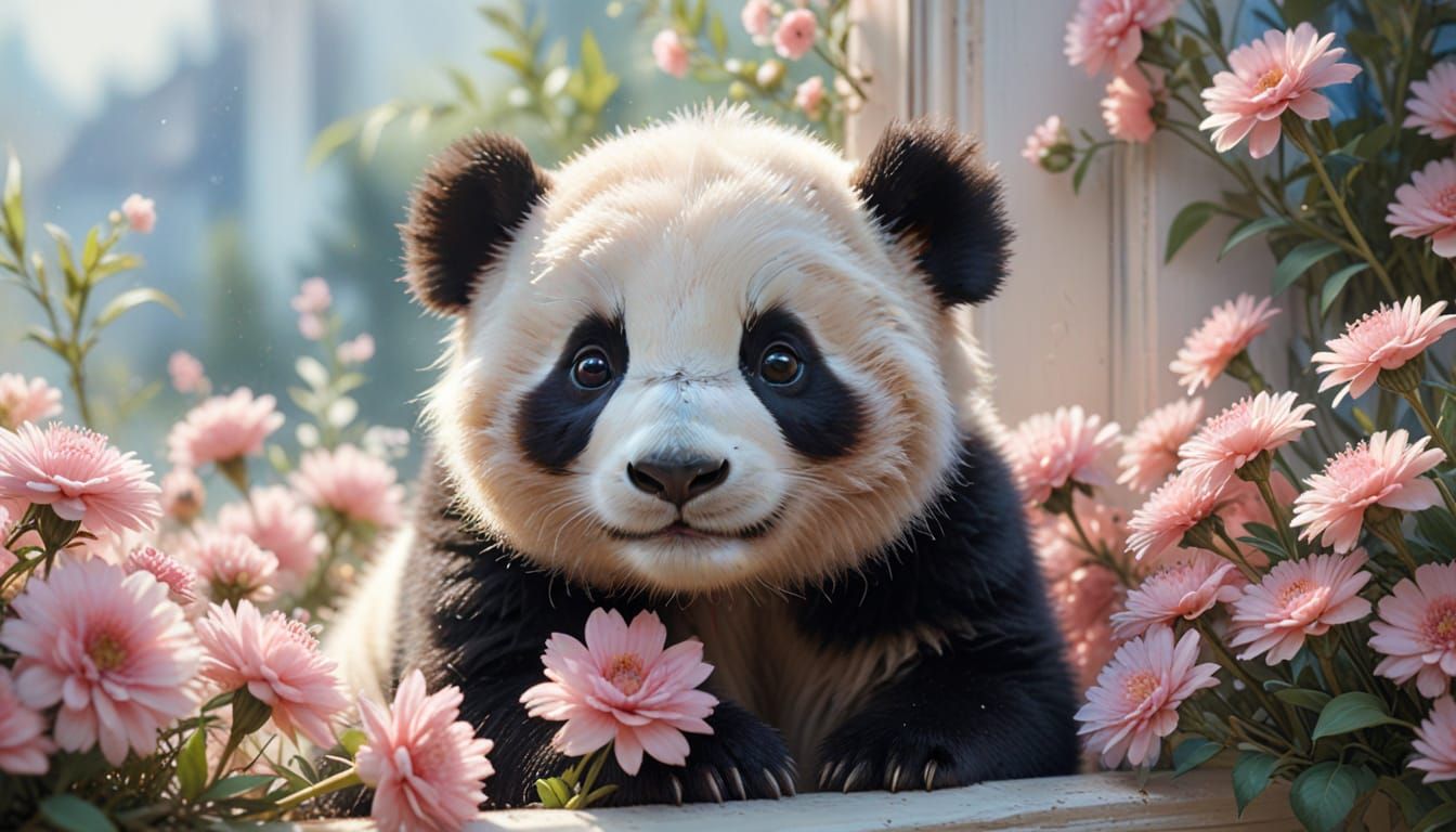 Cute Panda in Floral Window, Anime Watercolor Style