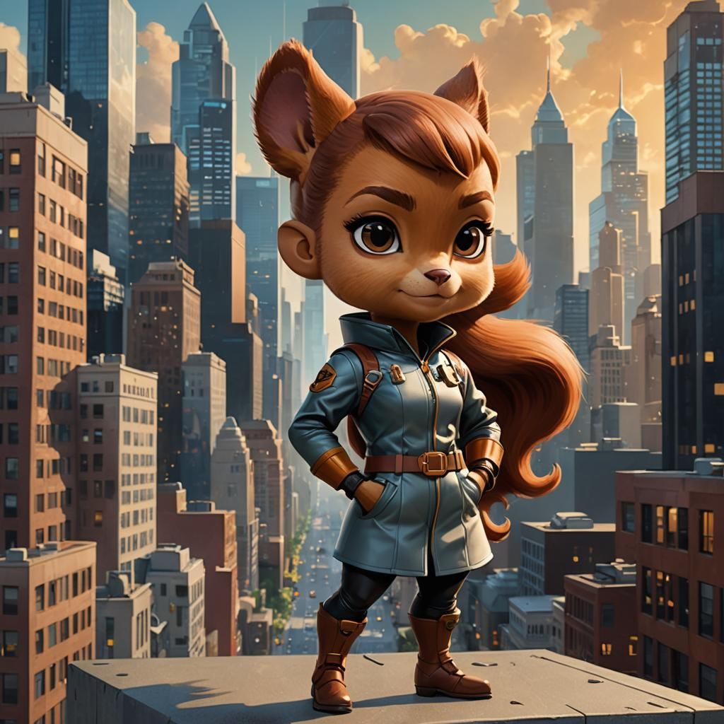 Chibi Squirrel Girl in Futuristic Cityscape