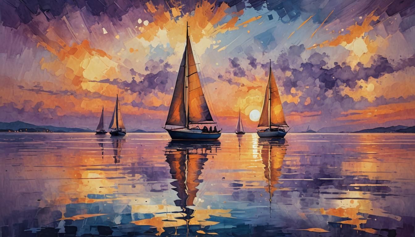 Sailboats Reflect Splattered Ink Sunset in Digital Art