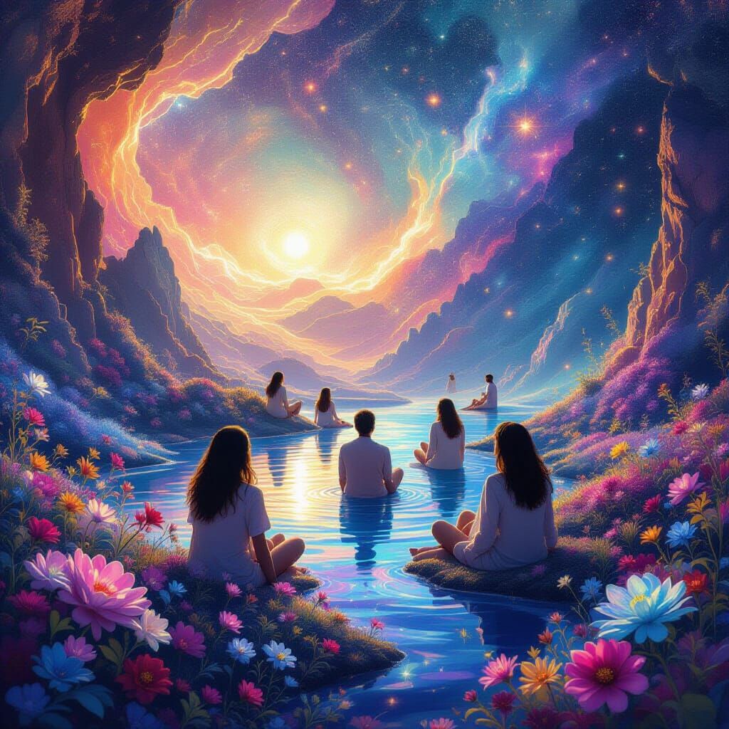 Cosmic Astral Illustration of People in Luminous Landscape