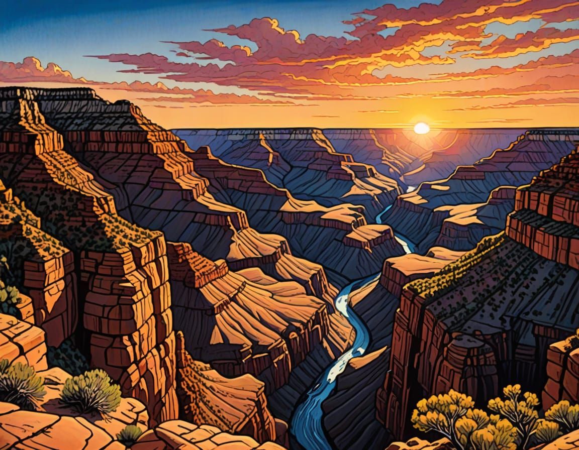 Detailed Grand Canyon Ink Drawing at Sunset